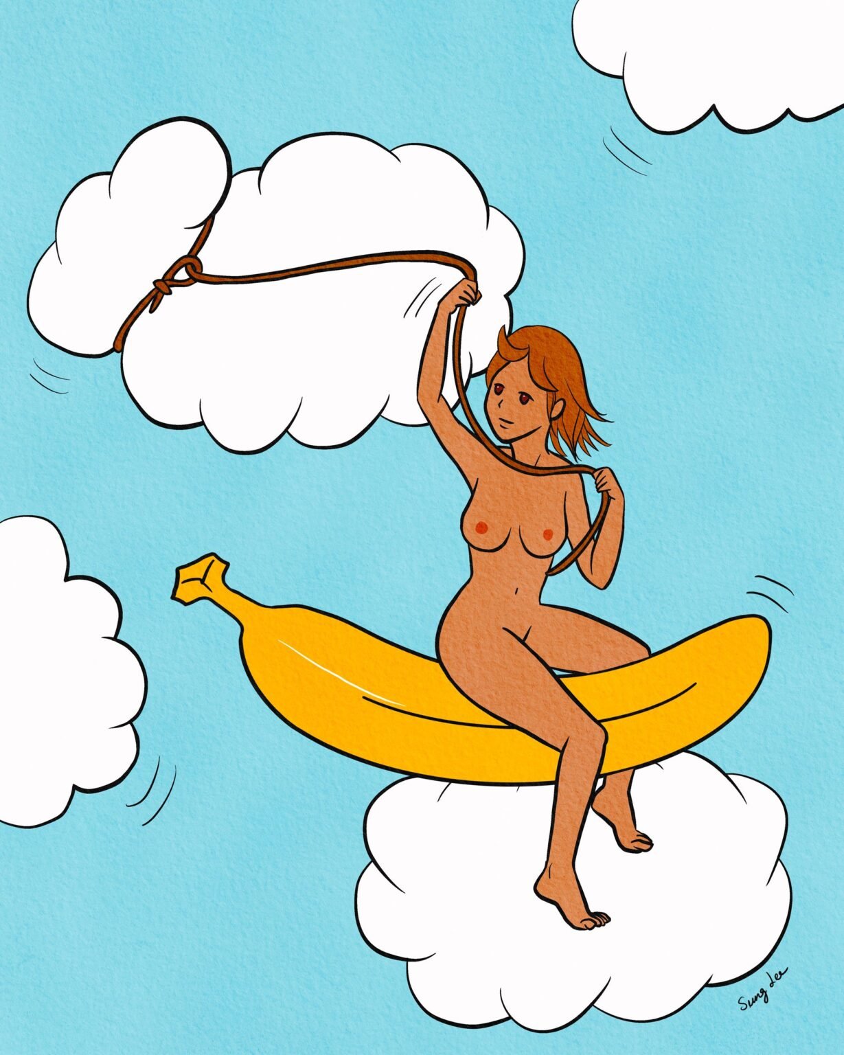 dreamlike digital drawing of a naked girl in the sky riding a banana and catching clouds