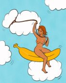 sung lee's digital drawing of a naked girl in the sky riding a banana and catching clouds