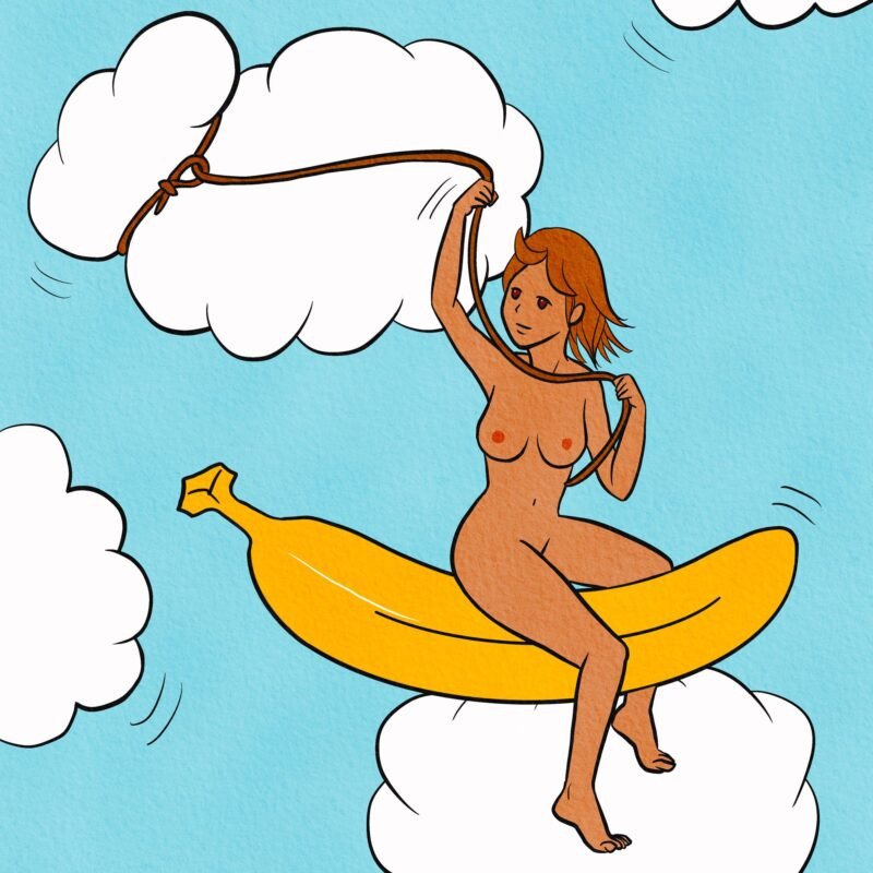 dreamlike digital drawing of a naked girl in the sky riding a banana and catching clouds