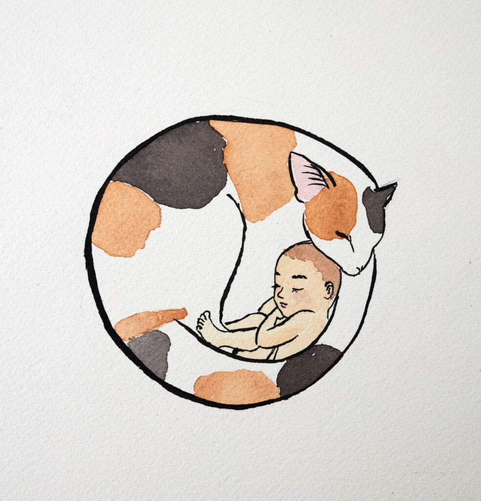 Watercolor drawing of a round shape cat cuddling a baby