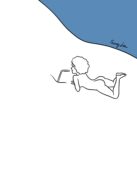 blue background illustration of a woman drinking from a straw put on a belly button by Sung Lee