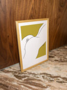 mustard background illustration of a woman staking out of butt by Sung Lee
