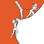 orange background illustration of three women alpinists on a boob by Sung Lee