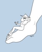 light blue background illustration of a woman drinking a cocktail on a foot by Sung Lee
