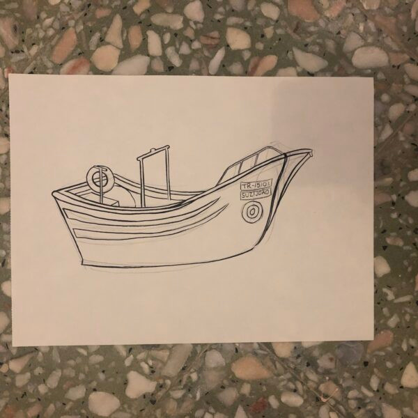 black and white illustration of fishing boat