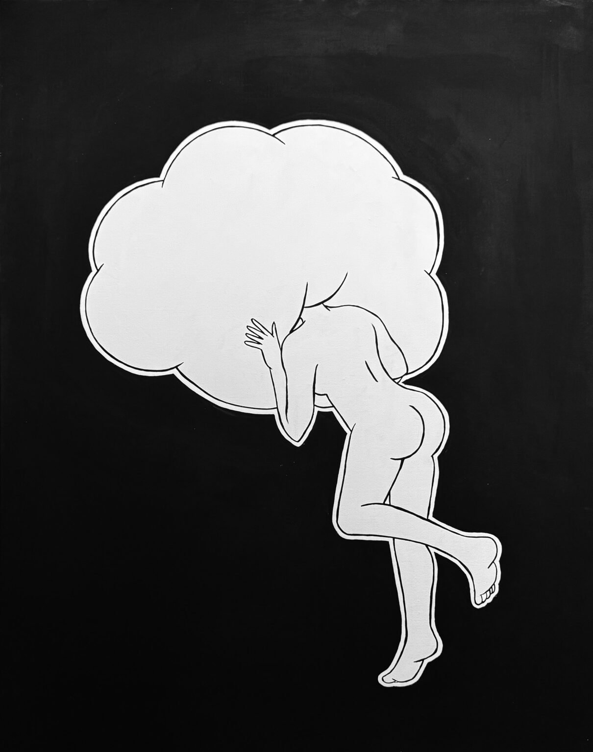 Black and white drawing of a girl with the head in a cloud