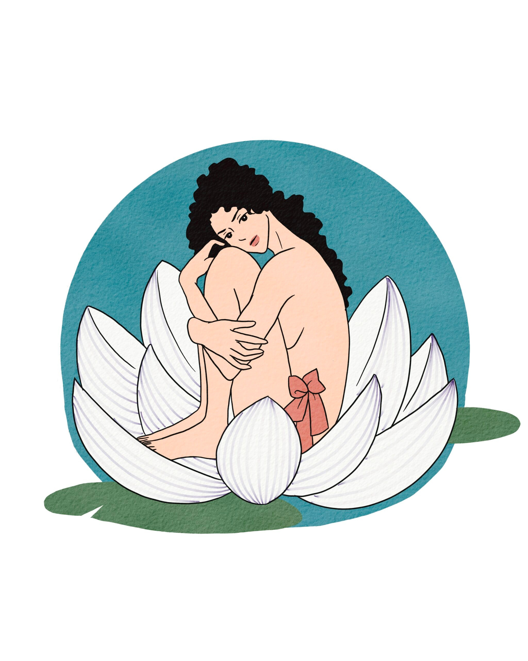 Portrait of Canelle with black curly hair sitting in a lotus