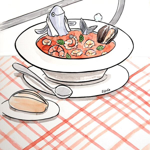 fun illustration of Portuguese fish soup caldeirada