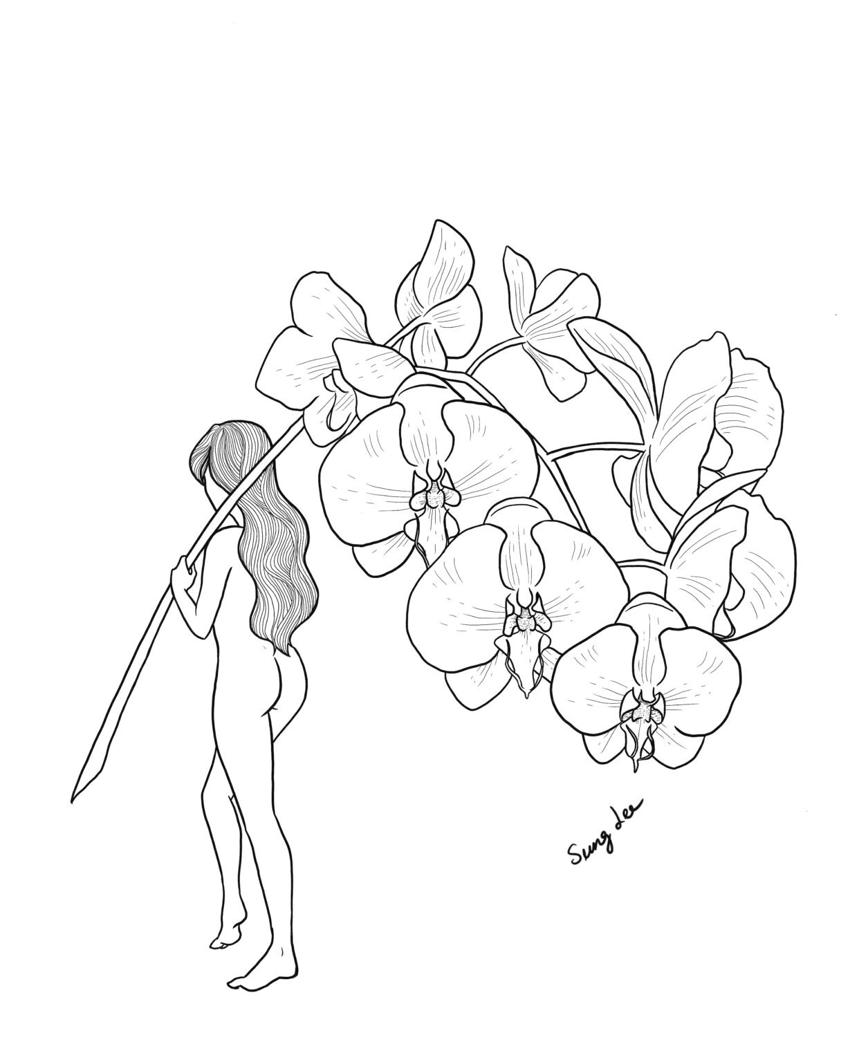 A line illustration of a girl holding an orchid branch