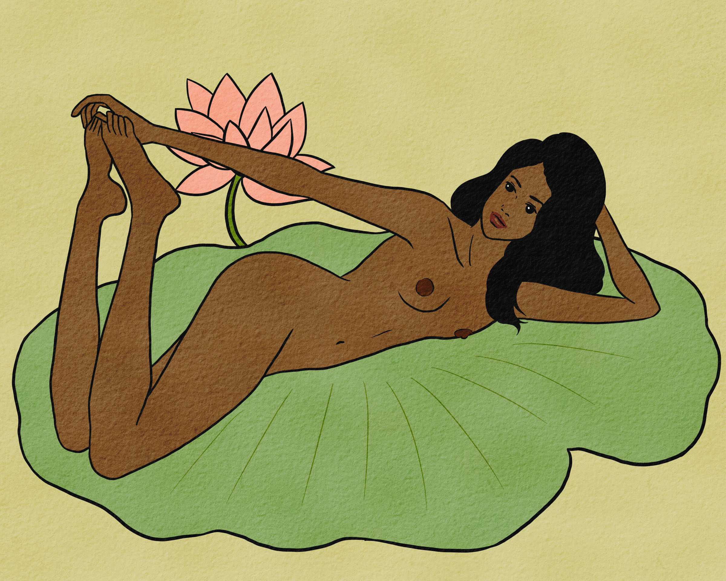 Portrait drawing of nude woman on Lotus Leaf