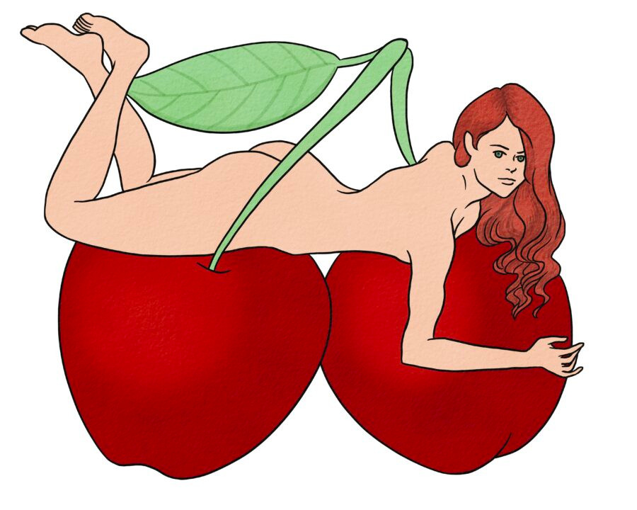 Portrait of nude woman on cherries