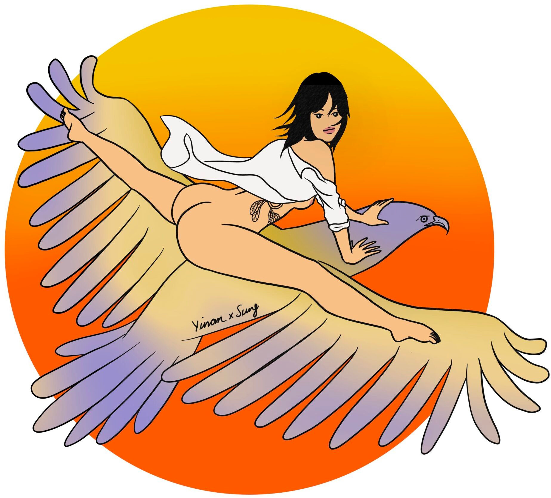 portrait of a woman wearing white shirt doing a split on a multicolour eagle with the sun in the background