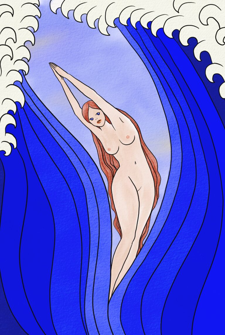 Illustration of a woman coming out of waves