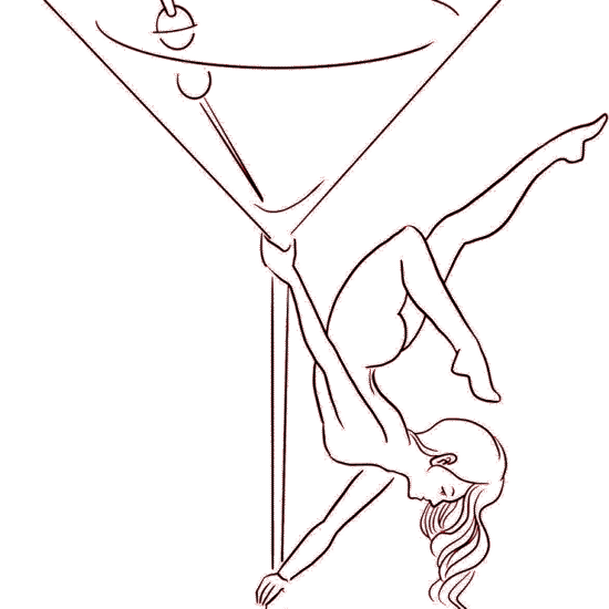 line illustration of a woman doing pole dance on a martini glass