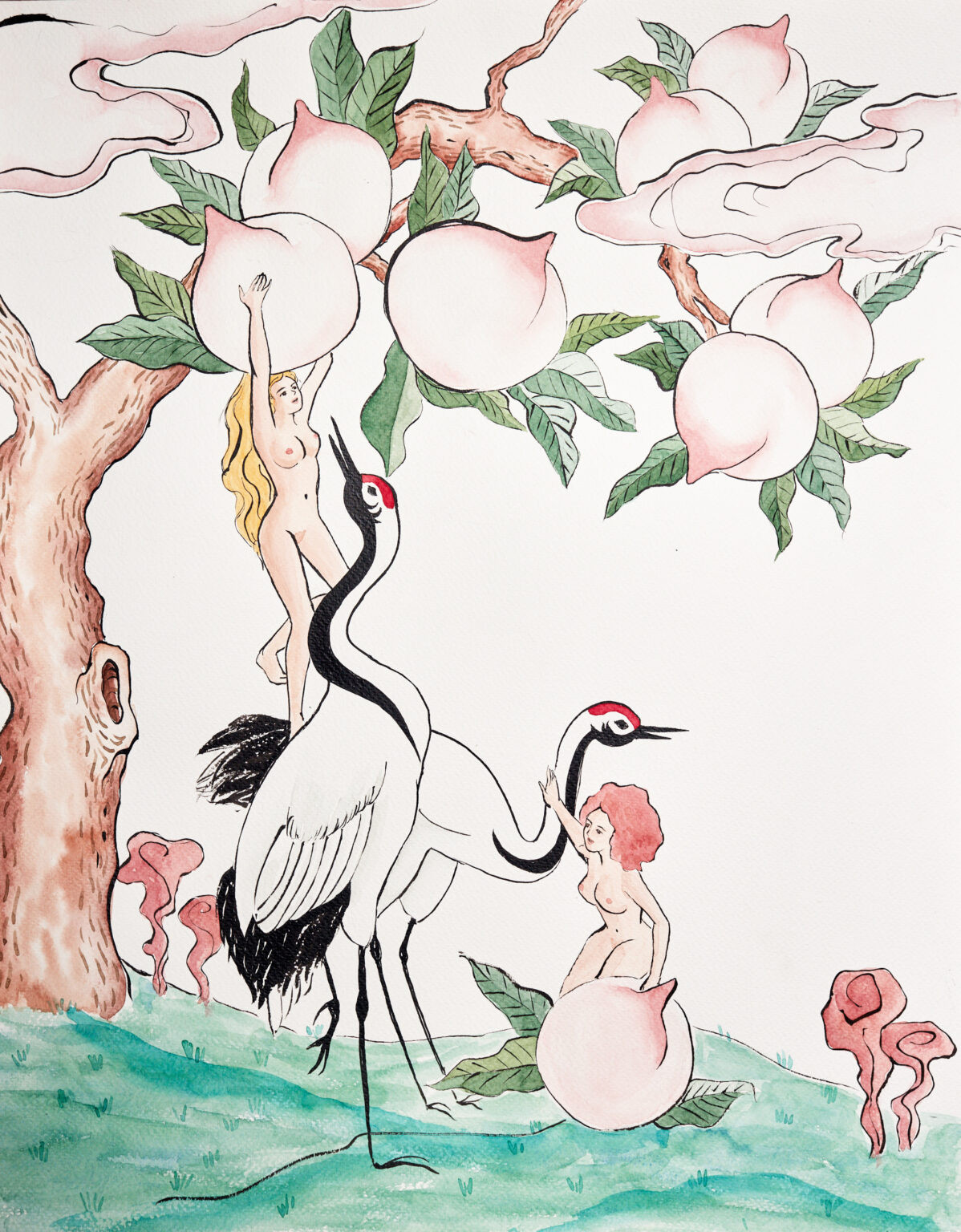 Watercolor of naked girls stealing peaches with cranes