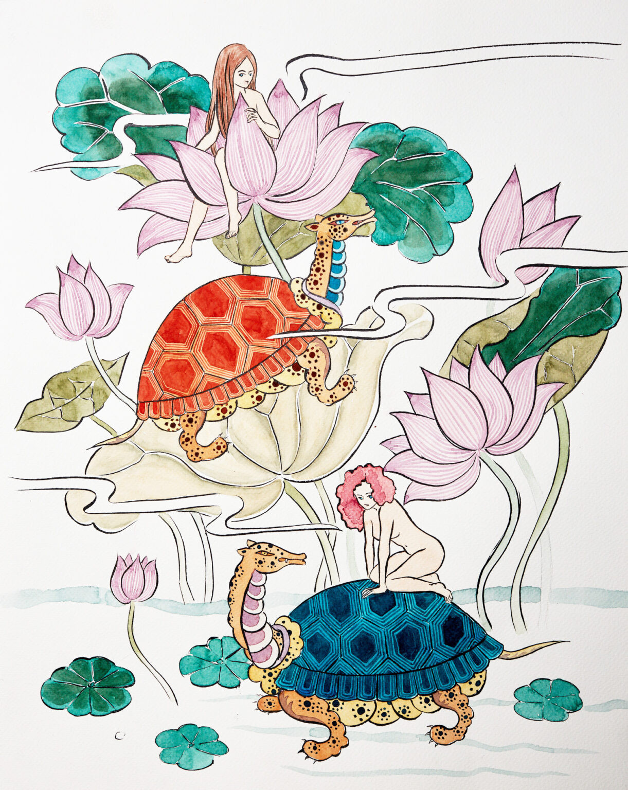 Watercolor of turtles with lotus with little girls playing