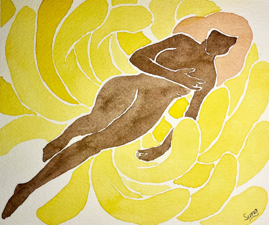 Watercolor of Chrysanthemum with a woman laying on top