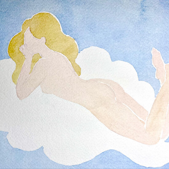 Watercolor of a blond girl laying on a cloud