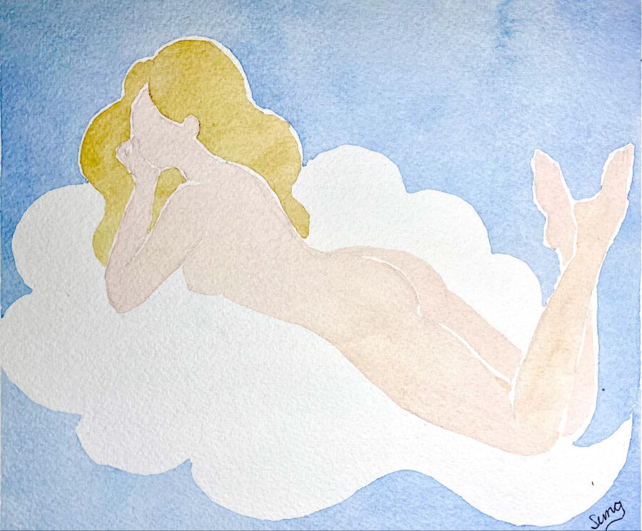 Watercolor of a blond girl laying on a cloud