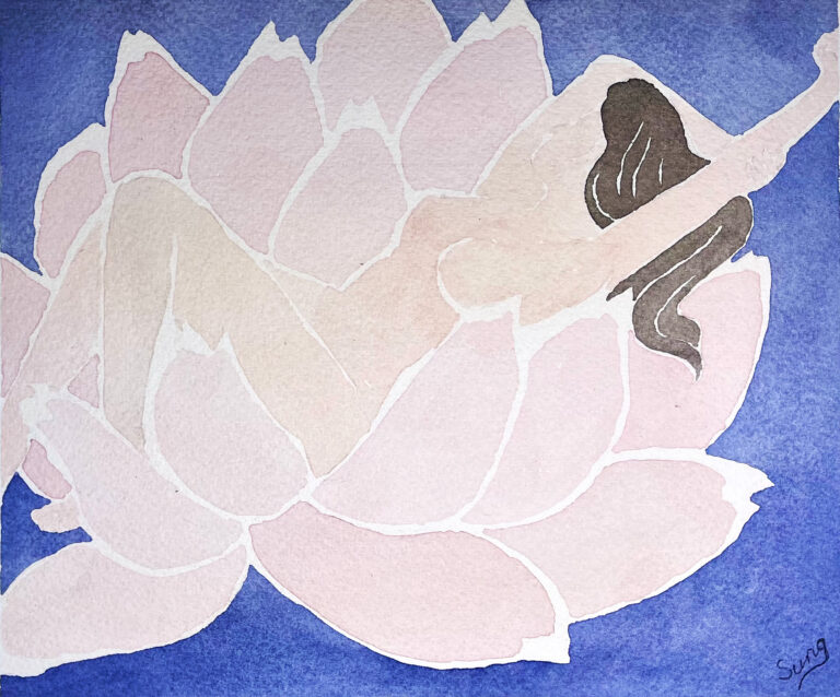 Watercolor of a Peony with a girl laying inside