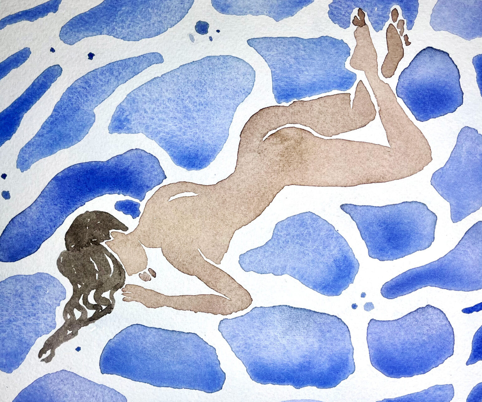 Watercolor of water and a girl laying in the middle